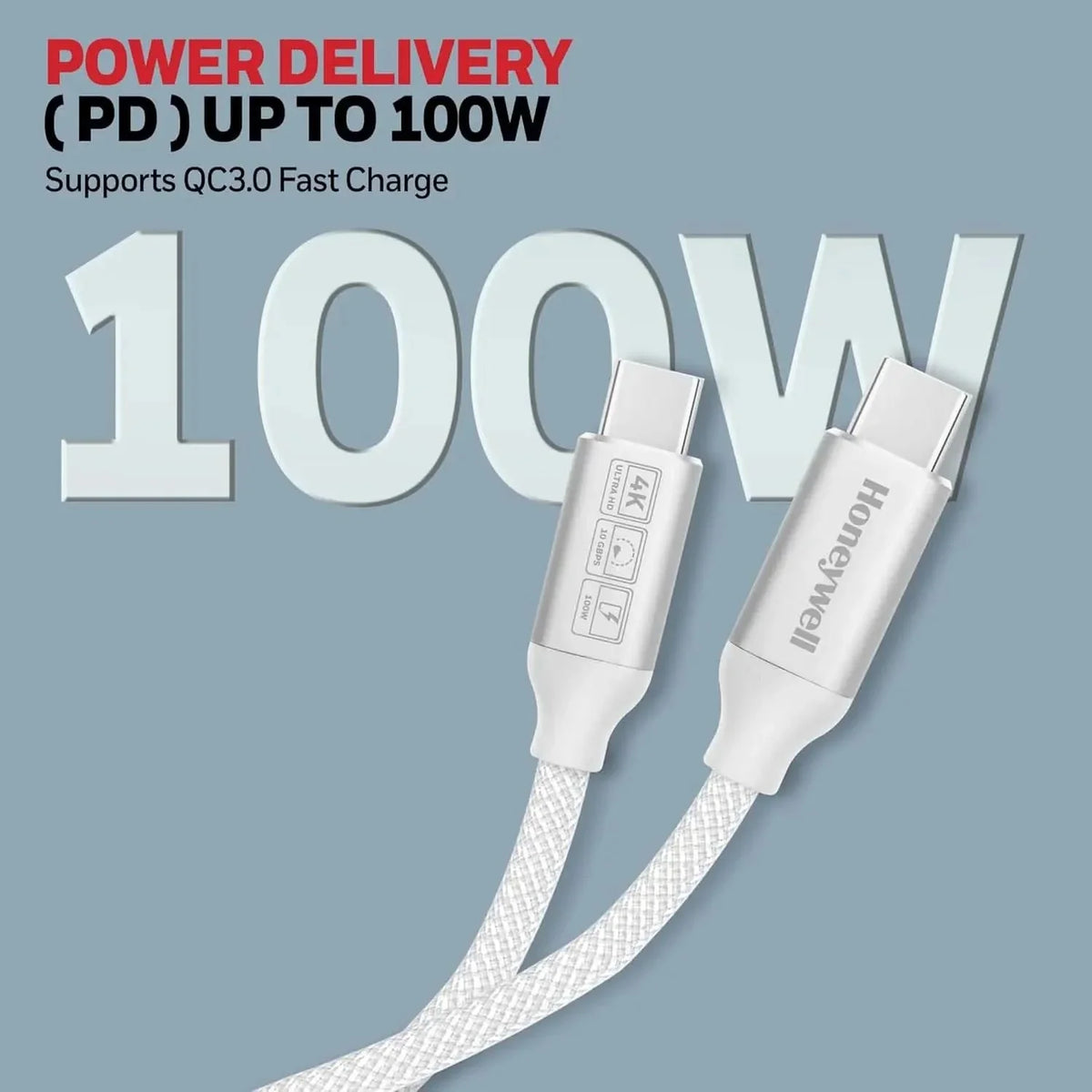 Honeywell Type C to Type C USB 3.1 Cable, 4 Feet (1.2M), Max Output 5A 100W, QC 3.0, Fast Charge, Compatible with Apple Devices, Smartphones, Laptops, Power Banks, Tablets, Headphones, Speakers White – TechCure India