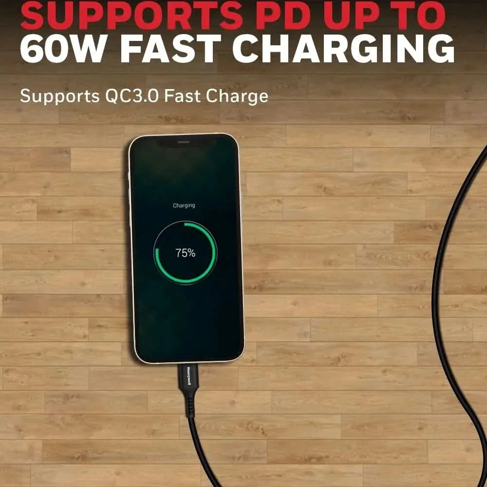 Honeywell USB 2.0 To Type C Cable 1.8Mtr(6 Feet), PD 60W, QC 3.0, Fast Charge & Sync Cable, Ultra Soft Silicone cable for Smartphone, Laptop,Power Bank, Tablet-(Black) – TechCure India