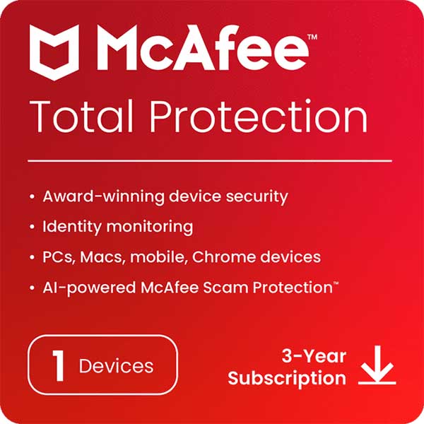 McAfee Total Protection Security Antivirus | 1 Device, 3 Year | Email Delivery – TechCure India