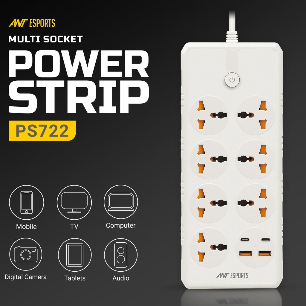 ANT ESPORTS PS722 UNIVERSAL POWER STRIP WITH USB & TYPE C WITH 7 UNIVERSAL SOCKETS, 3 METERS CABLE – TechCure India