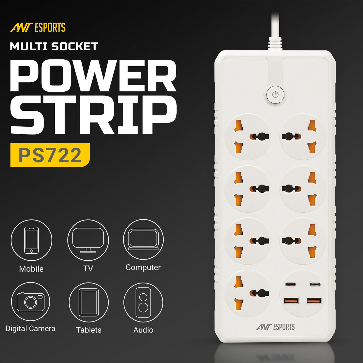 ANT ESPORTS PS722 UNIVERSAL POWER STRIP WITH USB & TYPE C WITH 7 UNIVERSAL SOCKETS, 3 METERS CABLE – TechCure India