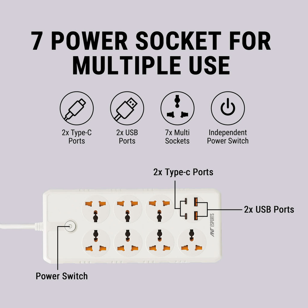 ANT ESPORTS PS722 UNIVERSAL POWER STRIP WITH USB & TYPE C WITH 7 UNIVERSAL SOCKETS, 3 METERS CABLE – TechCure India