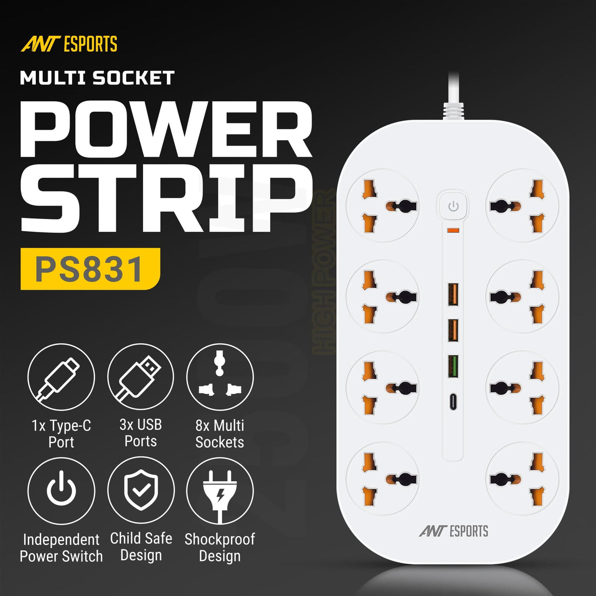 ANT ESPORTS PS831 UNIVERSAL POWER STRIP WITH USB & TYPE C WITH 8 UNIVERSAL SOCKETS, 3 METERS CABLE – TechCure India