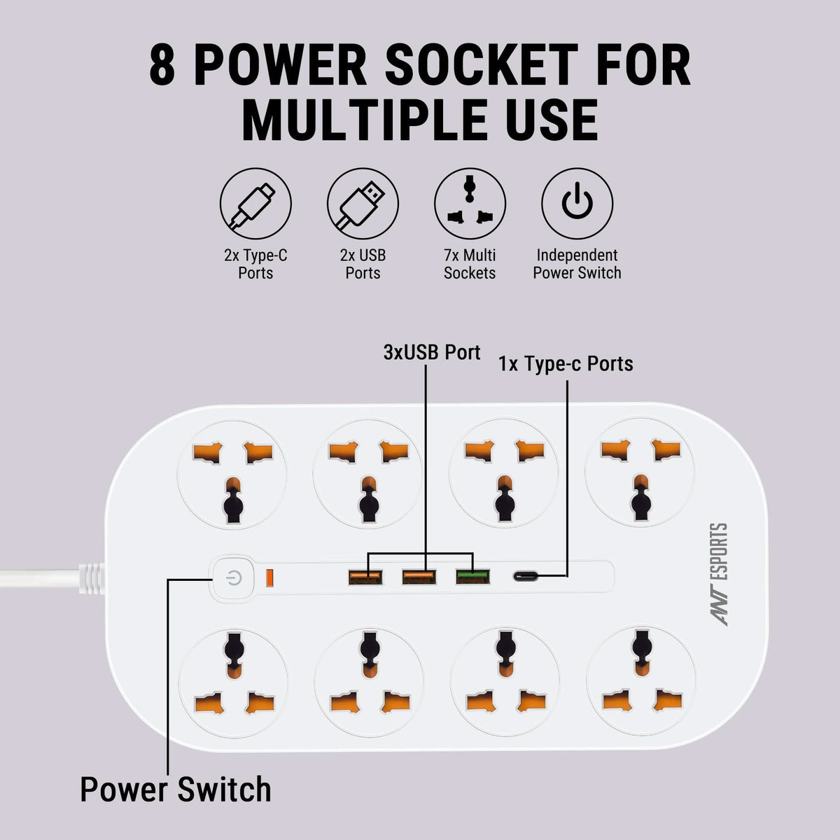 ANT ESPORTS PS831 UNIVERSAL POWER STRIP WITH USB & TYPE C WITH 8 UNIVERSAL SOCKETS, 3 METERS CABLE – TechCure India