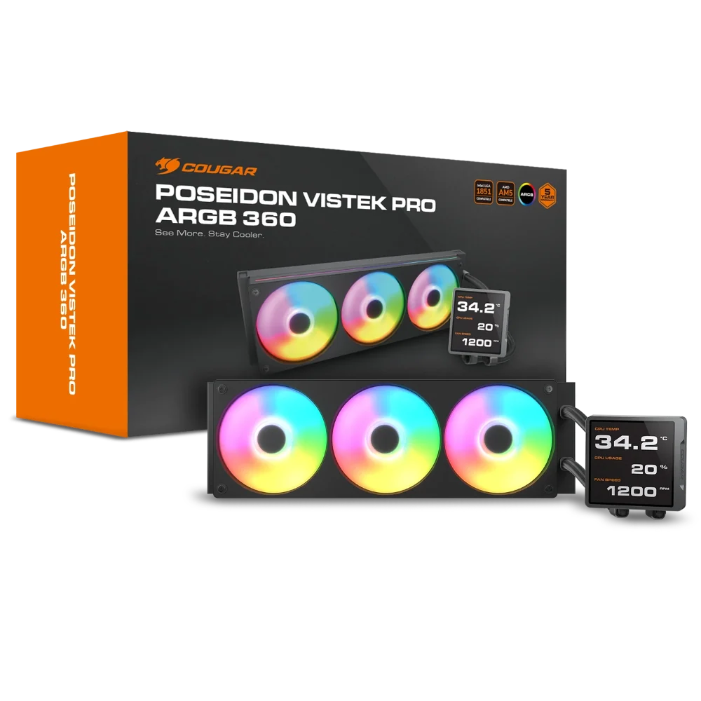 COUGAR Poseiden Vistek Pro ARGB 360mm CPU Liquid Cooler ( With LCD Display ) ( Black ) – TechCure India