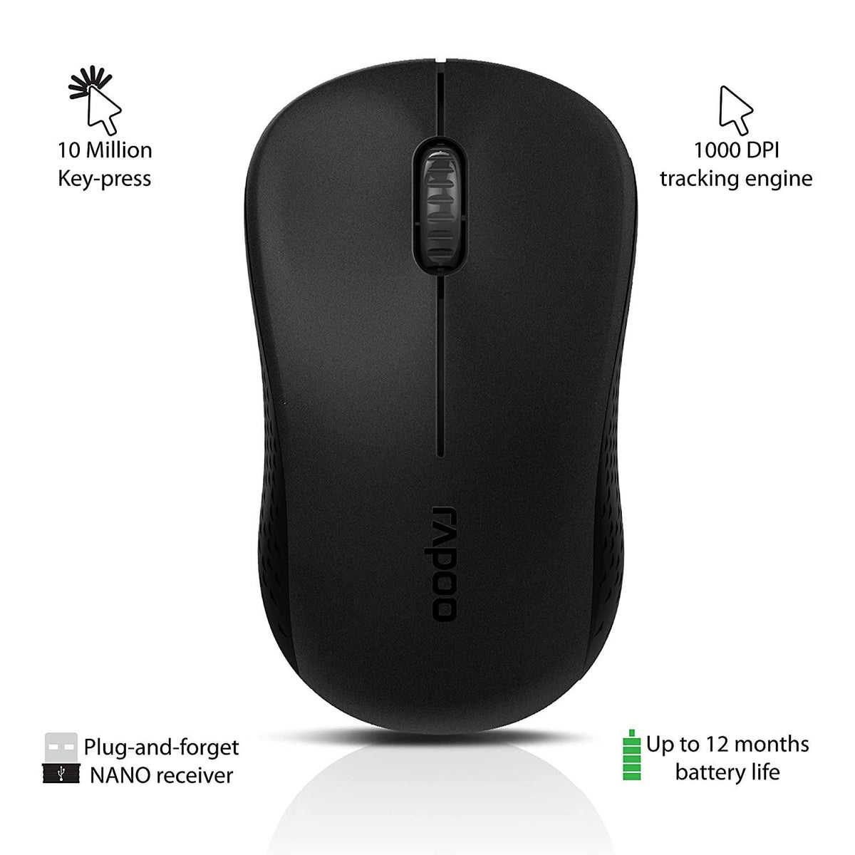 RAPOO M20 Wireless Mouse, 2.4 GHz with USB Nano Receiver, Optical Tracking, Ambidextrous, PC/Mac/Laptop - Black – TechCure India