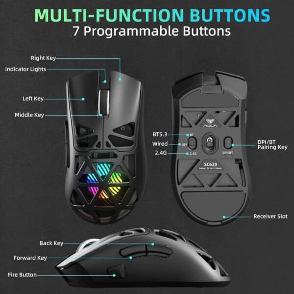 AULA SC620 Tri-Mode Wireless Gaming Mouse for PC, Laptop, Mac Black (SC620B) – TechCure India