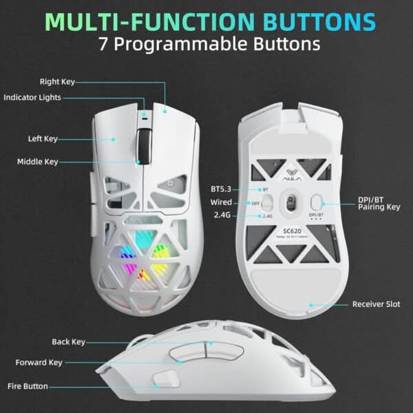 AULA SC620 Tri-Mode Wireless Gaming Mouse for PC, Laptop, Mac White (SC620W) – TechCure India