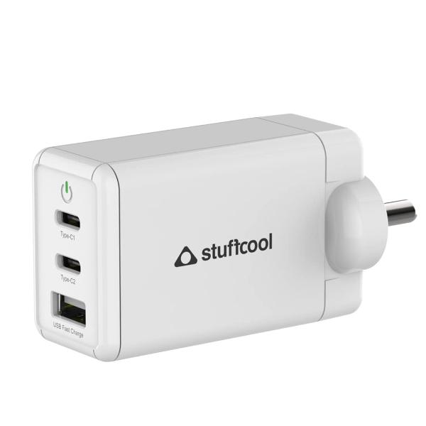 Stuffcool Nova 65W GaN Charger Made in India 3 Ports Supports Samsung PPS Super Fast Charging 2.0, Compatible with macbooks laptops iPhones iPads, samsungs, Pixels (White) – TechCure India