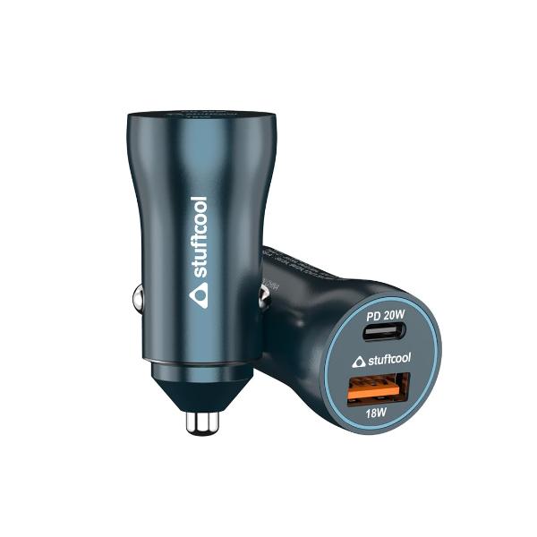 Stuffcool Ultimus 38W Dual Port Type C 20W + 18W QC3.0 USB A car Charger Supports Fast Charging Charges iPhone 50% in 30 mins, Compact Shape, Aluminium Body – TechCure India