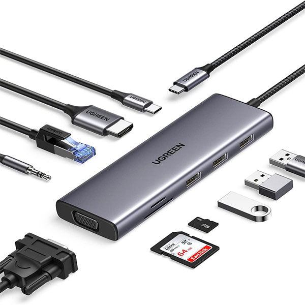 UGREEN USB C Hub, 10-in-1 USB-C Dongle with 4K HDMI & VGA Dual Monitor, 1Gbps Ethernet, 100W PD, 3 USB 3.0 Ports, 3.5mm Audio Jack, SD/TF Card Slots, USB C Hub Multiport Adapter for Laptop, Tablet – TechCure India