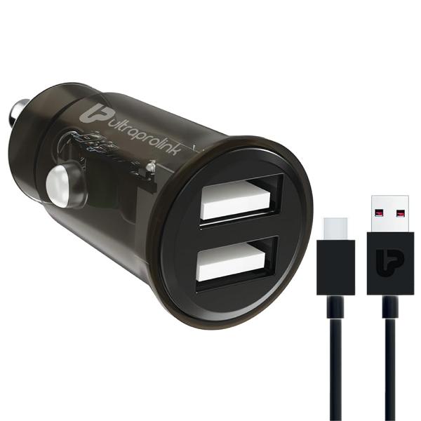 UltraProlink 12W-2.4A Fast Car Charger with Dual USB Ports|Made in India|with USB A-Type C Cable 1m|Mach12|UM1197C (Black) – TechCure India