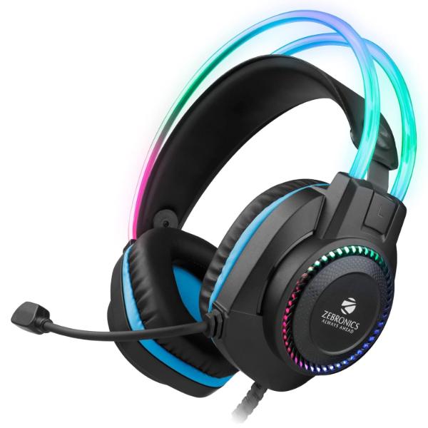 Zebronics Jet PRO Premium Wired Gaming On Ear Headphone with LED for Headband + earcups, 40mm Neodymium Drivers, 2 Meter Braided Cable, with mic, Suspension Design, 3.5mm + USB Connector (Black, Blue) – TechCure India