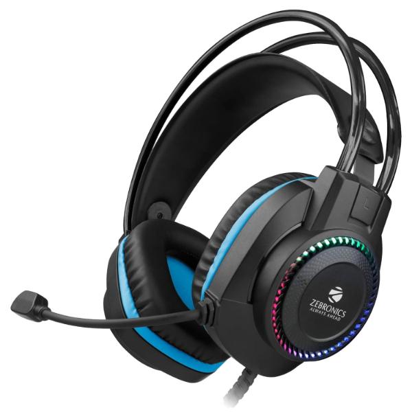 Zebronics Jet Premium Wired Gaming On Ear Headphone with LED Light for earcups, 40mm Neodymium Drivers, 2 Meter Braided Cable, Flexible mic, Suspension Headband, 3.5mm + USB Connector (Black + Blue) – TechCure India
