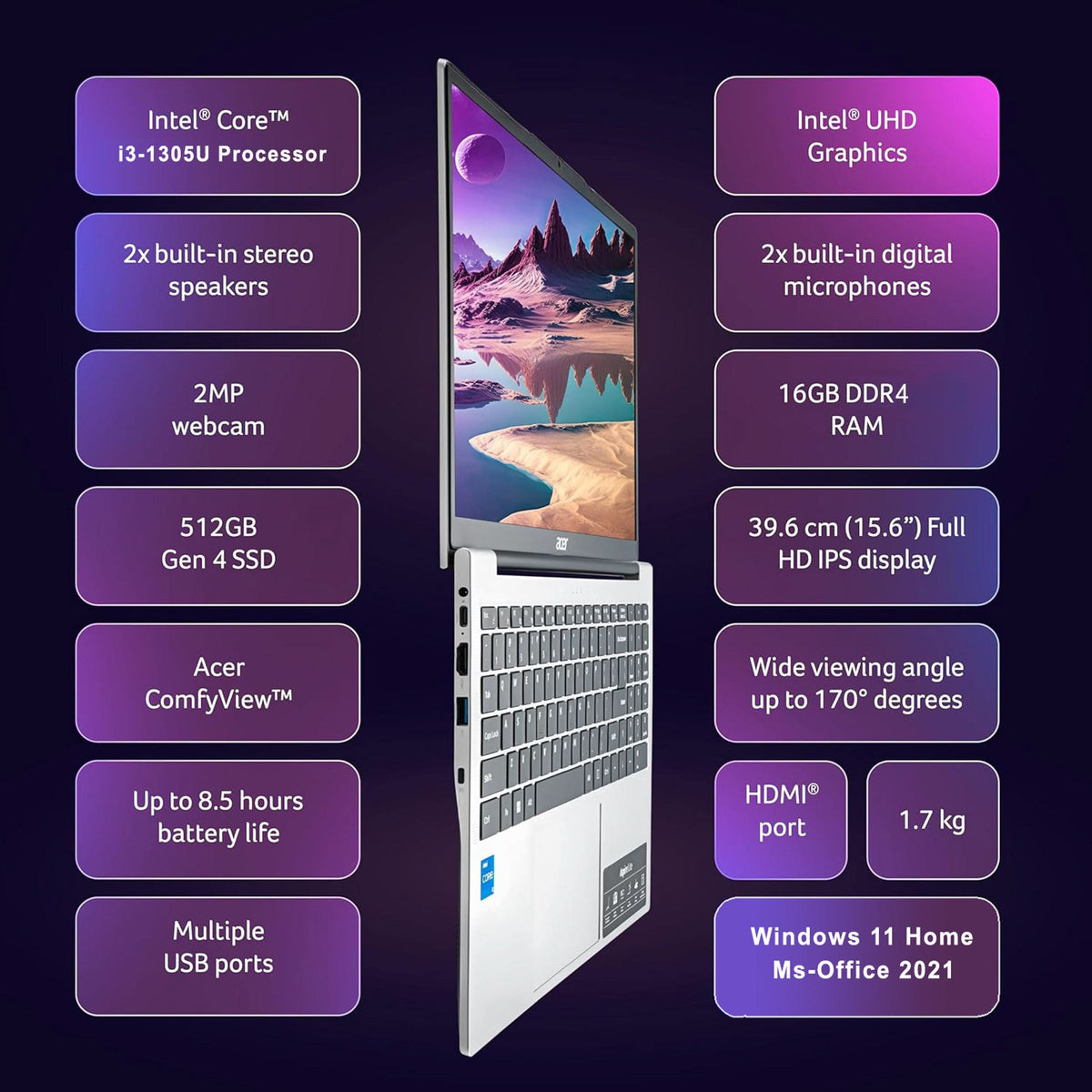 Acer Aspire 3 A325-53 Laptop, Intel Core i3-1305U, 8GB RAM, 512GB SSD, 15.6 Inch FHD Display, Windows 11 Home, MS Office – TechCure India