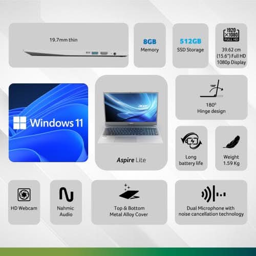 Acer Aspire Lite, AMD Ryzen 3 7330U processor, 8 GB RAM, 512 GB SSD, Full HD, 15.6"/39.62 cm, Windows 11 Home, Steel Gray, 1.59 kg, AL15-41, Thin and Light Laptop UN.31ZSI.045 – TechCure India