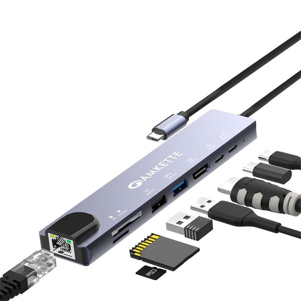 Amkette Type C 8-in-1 Multiport Dock with Gigabit Ethernet (100M) - (Grey) – TechCure India