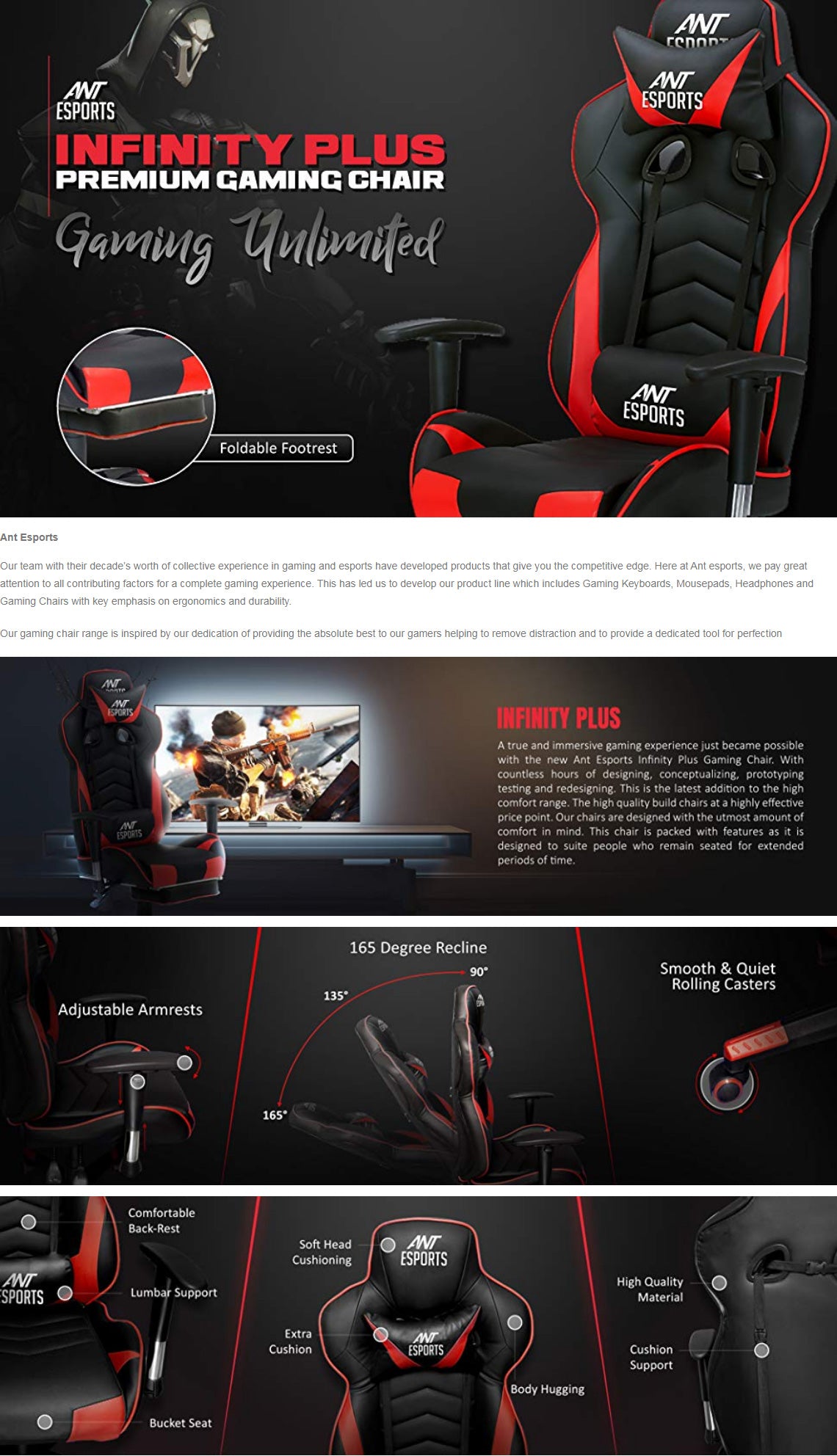 Ant Esports Infinity Plus 2D Red & Black Gaming Chair (Adjustable Armrest, Headrest and Lumbar Support) – TechCure India