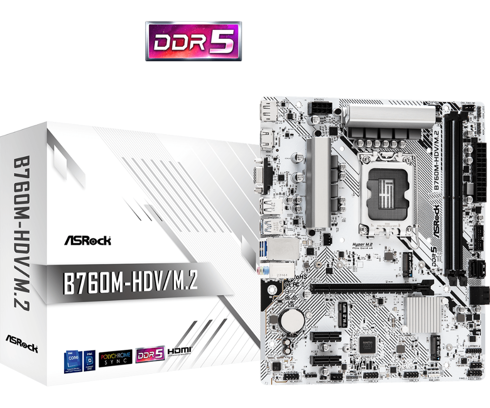 ASROCK B760M-HDV/M.2 DDR5 Intel Motherboard ( White ) – Model B760M-HDV-M-2-D4 – TechCure India