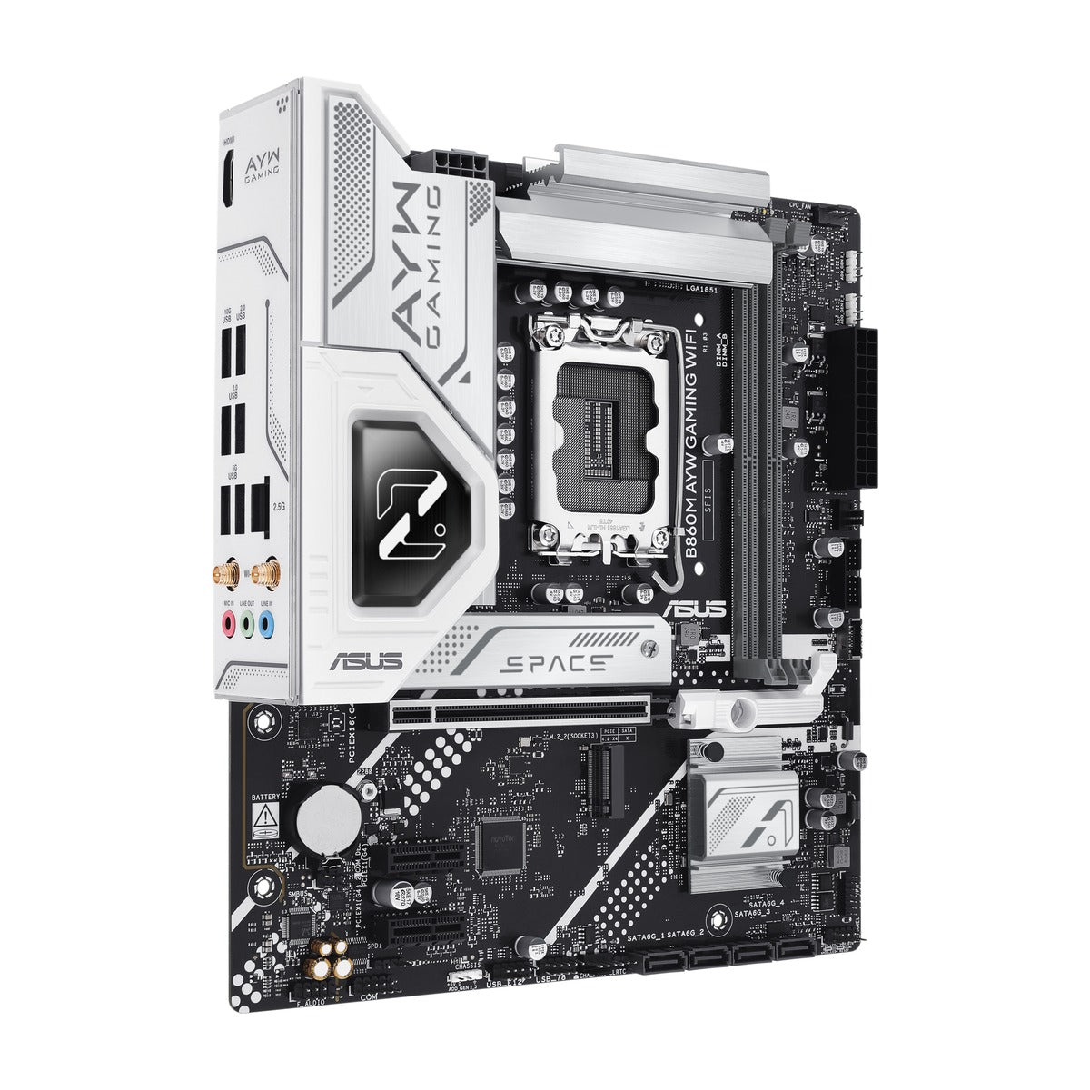 B860M AYW GAMING WIFI - top-down front view of ASUS B860M AYW motherboard