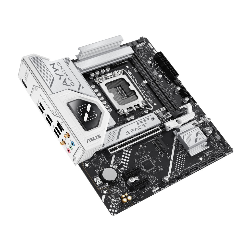 B860M AYW GAMING WIFI - angled top-front perspective of ASUS B860M AYW motherboard