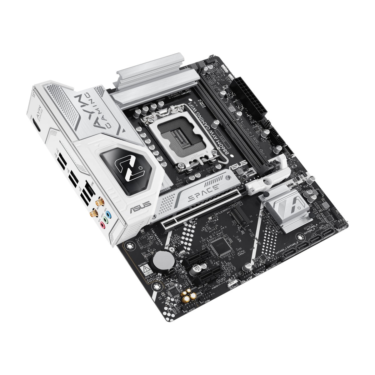 B860M AYW GAMING WIFI - angled top-front perspective of ASUS B860M AYW motherboard