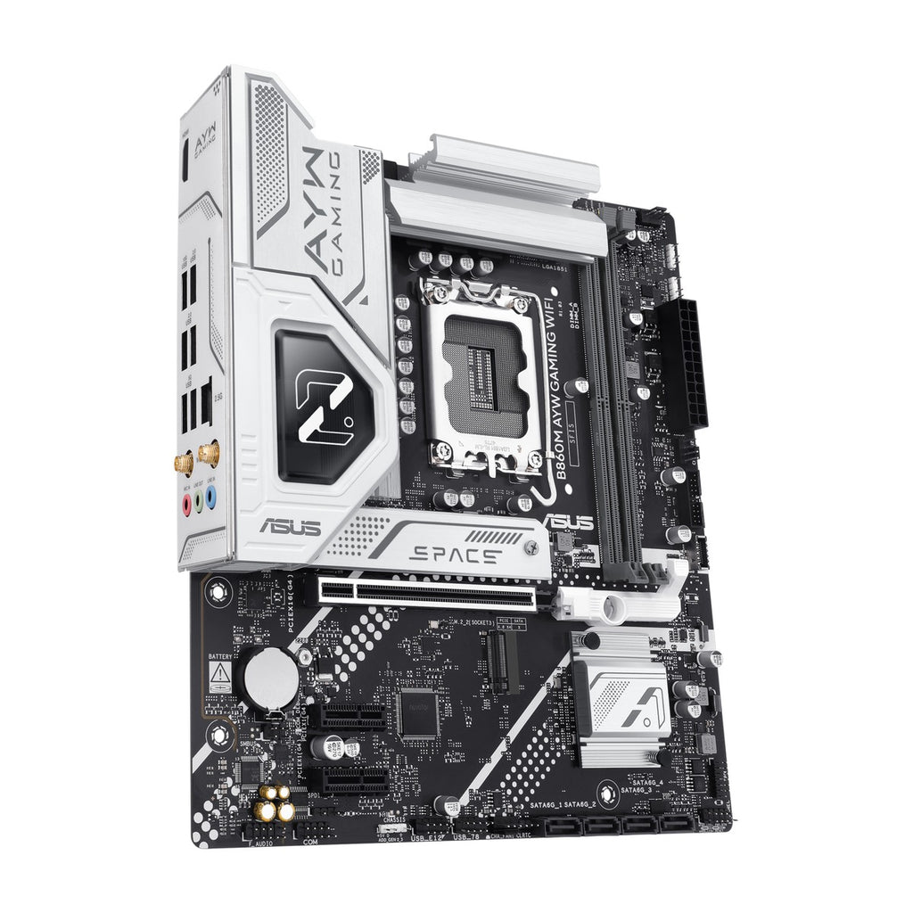 B860M AYW GAMING WIFI - angled front-left perspective of ASUS B860M AYW motherboard