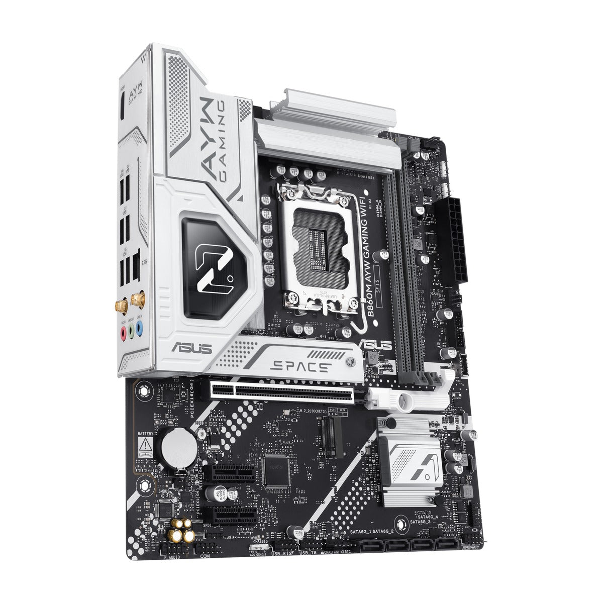 B860M AYW GAMING WIFI - angled front-left perspective of ASUS B860M AYW motherboard
