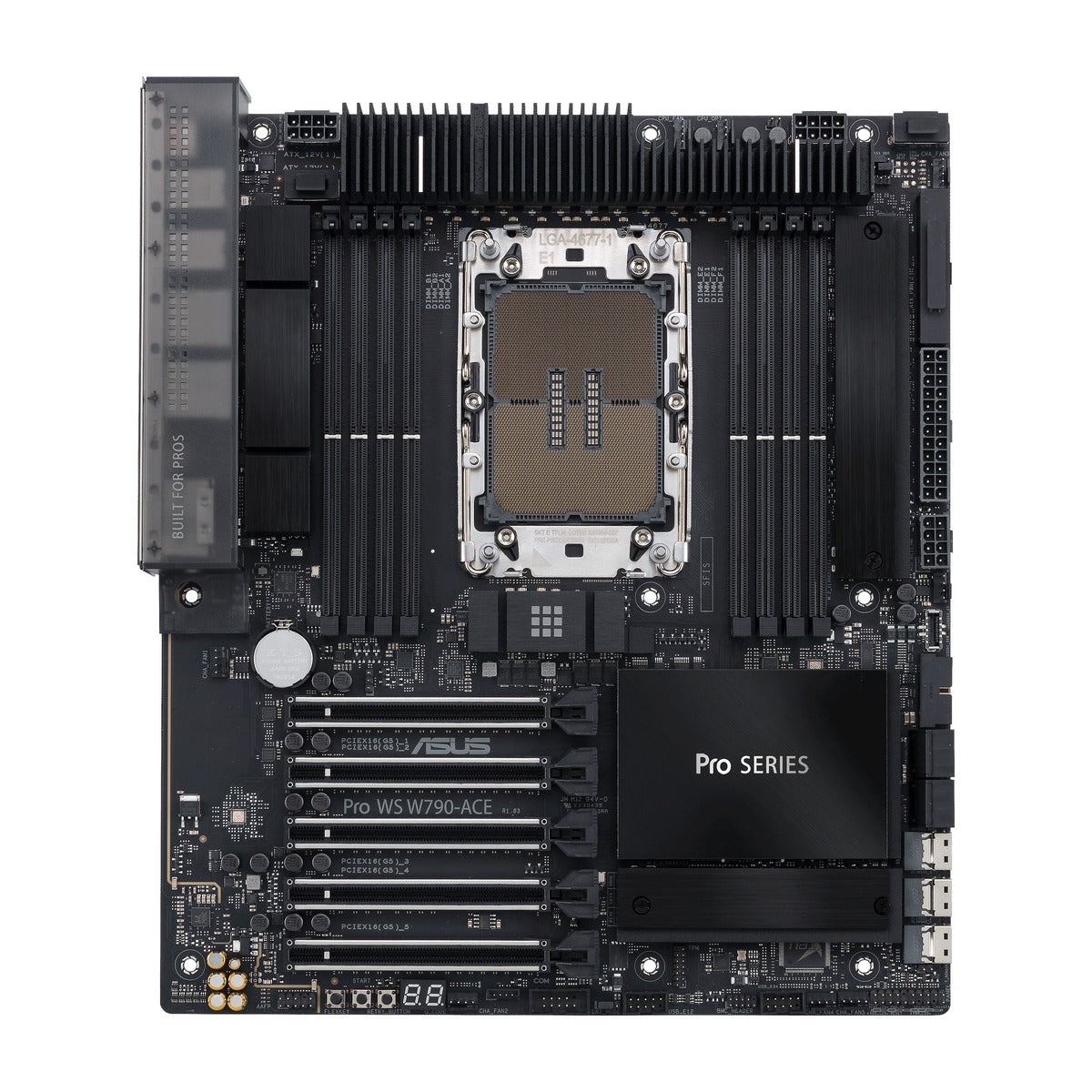 Pro WS W790-ACE - angled top-left view of motherboard on white background