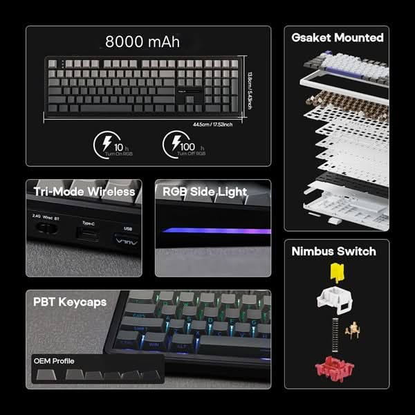 AULA F108 Tri-Mode Wireless Mechanical Gaming Keyboard, Gradient Grey, Nimbus Linear Switch, RGB Backlit, Hot-Swappable, Full Size – TechCure India