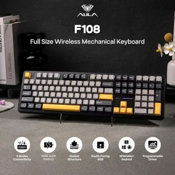 AULA F108 Tri-Mode Wireless Mechanical Gaming Keyboard, Grey and Yellow, Volcanic Axis Linear Switch, RGB, Hot-Swappable, Full Size – TechCure India