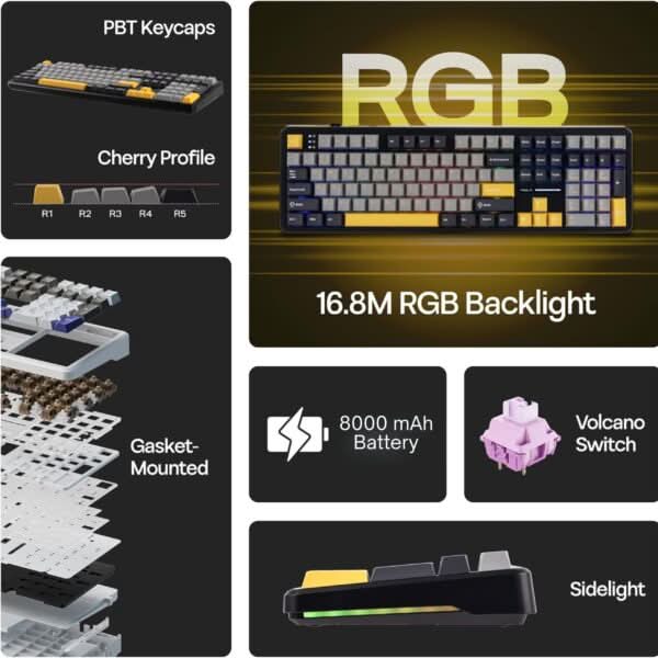 AULA F108 Tri-Mode Wireless Mechanical Gaming Keyboard, Grey and Yellow, Volcanic Axis Linear Switch, RGB, Hot-Swappable, Full Size – TechCure India