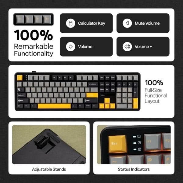 AULA F108 Tri-Mode Wireless Mechanical Gaming Keyboard, Grey and Yellow, Volcanic Axis Linear Switch, RGB, Hot-Swappable, Full Size – TechCure India