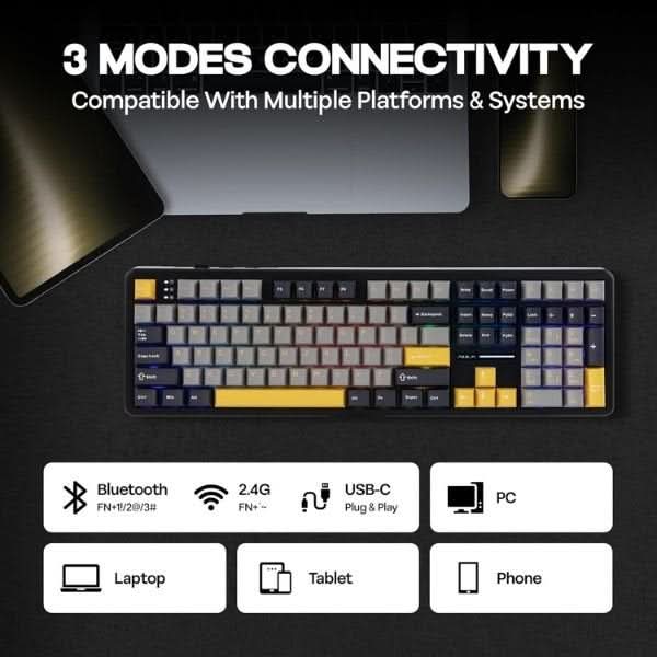 AULA F108 Tri-Mode Wireless Mechanical Gaming Keyboard, Grey and Yellow, Volcanic Axis Linear Switch, RGB, Hot-Swappable, Full Size – TechCure India