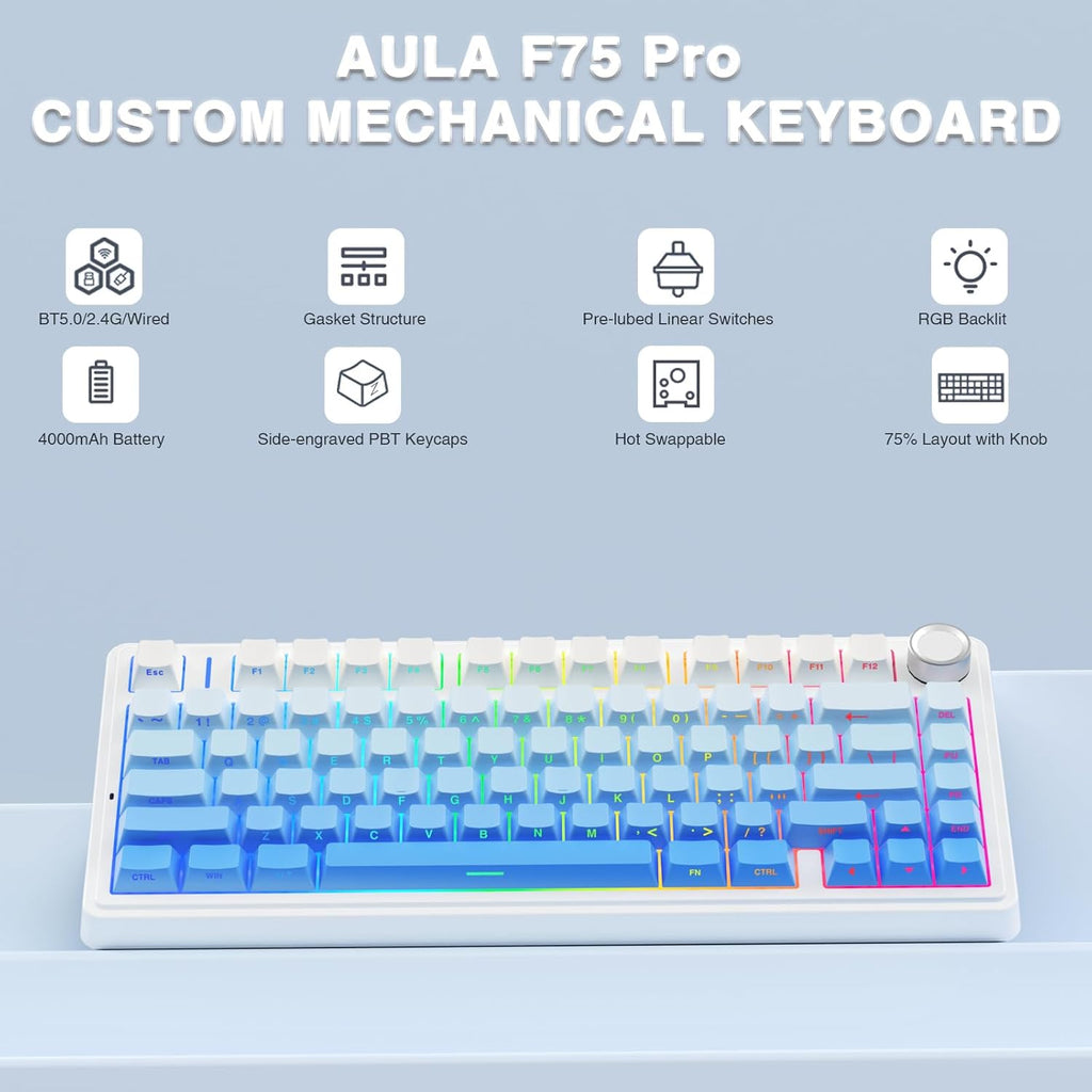 AULA F75 SIDE ENGRAVED MECHANICAL KEYBOARD WHITE + GRADIENT BLUE STAR VECTOR SWITCH – TechCure India