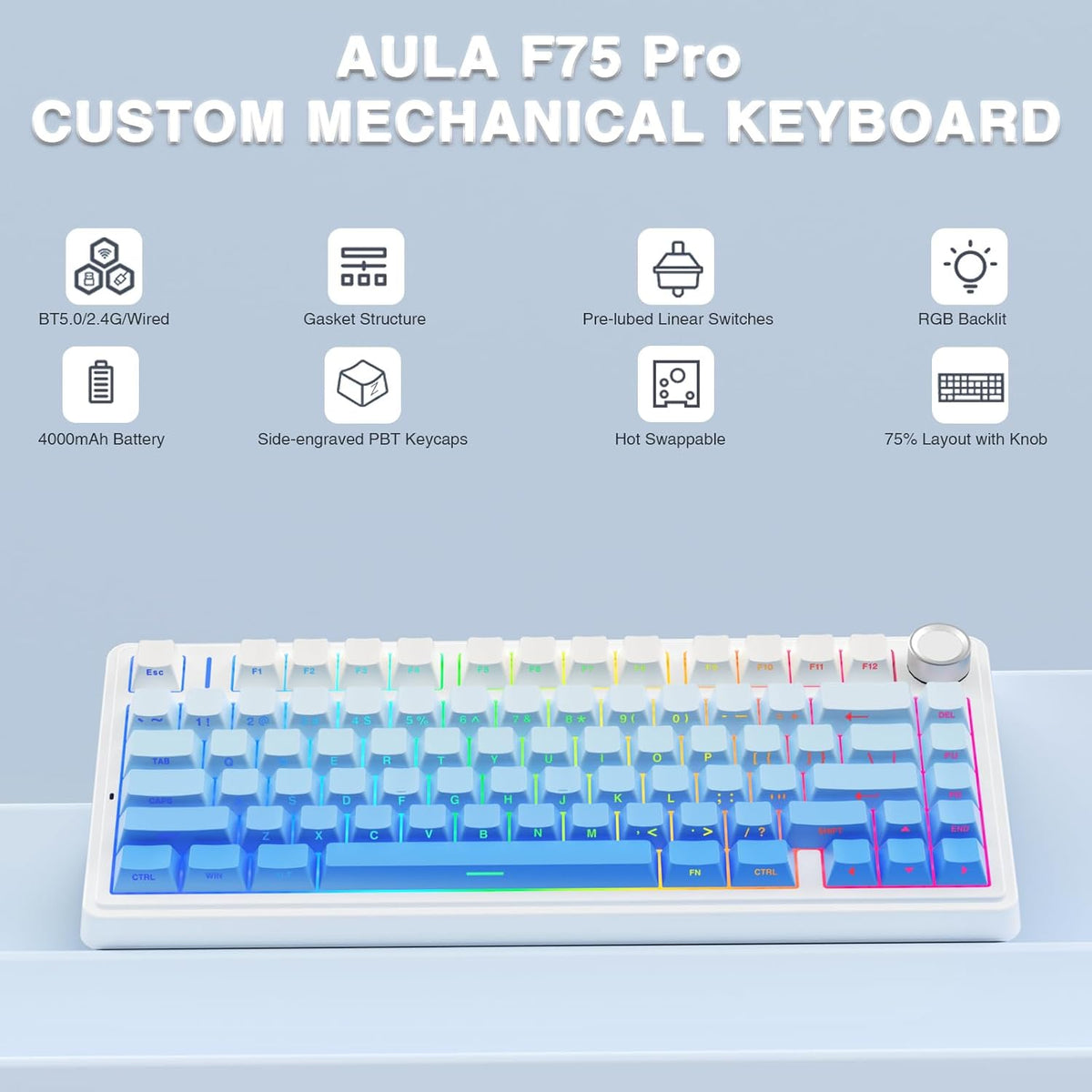 AULA F75 SIDE ENGRAVED MECHANICAL KEYBOARD WHITE + GRADIENT BLUE STAR VECTOR SWITCH – TechCure India