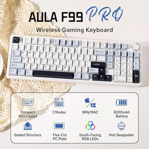 AULA F99 Pro 96 Percentage Tri-Mode Wireless Full Size Mechanical Gaming Keyboard With KnobIce Blue, Star Vector (Seiya) Switch – TechCure India
