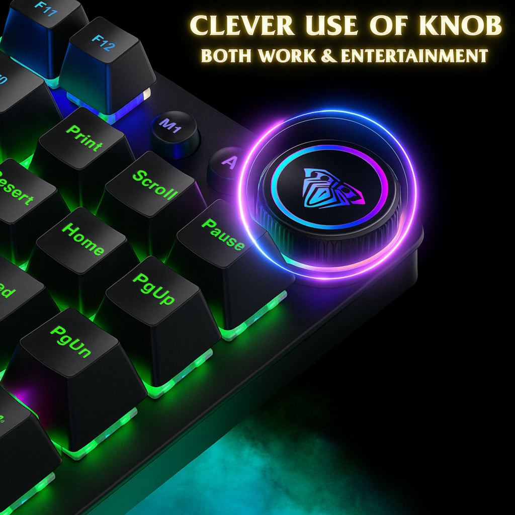AULA M75 TRI-MODE (2.4G/BLUETOOTH/WIRED) HOT SWAPPABLE RGB BACKLIT WIRELESS MECHANICAL GAMING KEYBOARD | ALL KEY ANTI-GHOSTING | DUAL MODE KNOB WITH MULTIMEDIA BUTTONS | BLACK - RED SWITCHES, Without Software – TechCure India