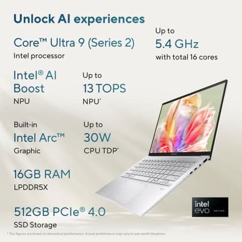 ASUS Zenbook 14 UX3405CA-QL1692WS, Intel Core Ultra 9 285H, 16GB RAM, 512GB SSD, Intel Arc Graphics, 14 inch OLED Touch FHD+, Windows 11 Home, Office Home 2024, M365 Basic-1 Year Validity, Thin and Light AI Laptop, 1 Year(s) Warranty, Silver – TechCure India