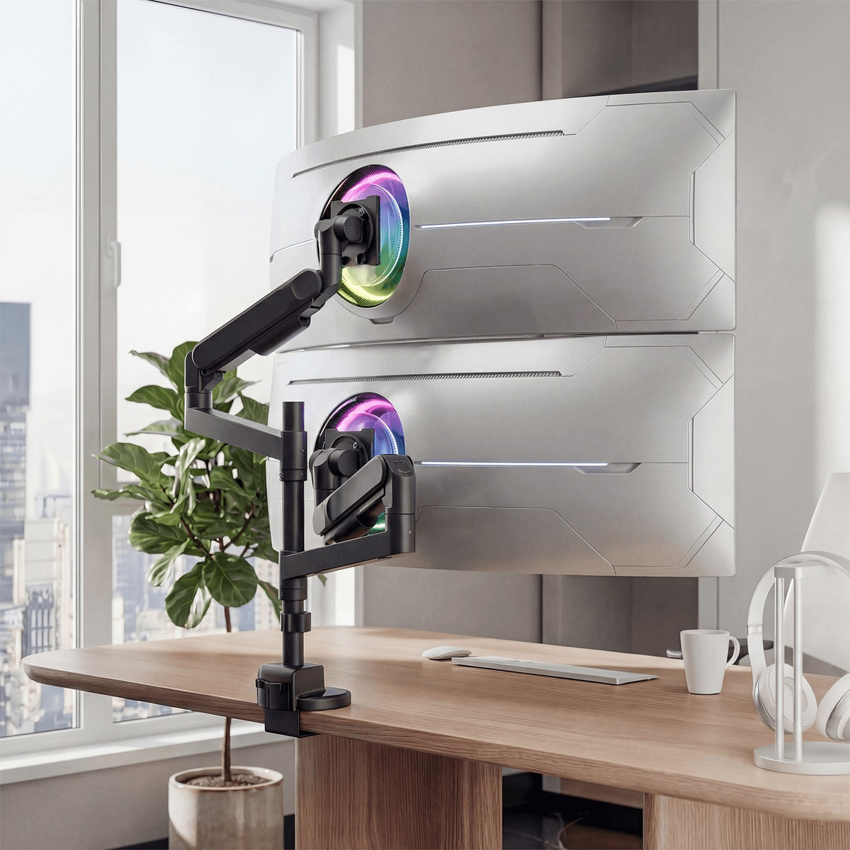 Black Pro Motion Arm G57.2 holding two large curved monitors on a desk - TechCure India