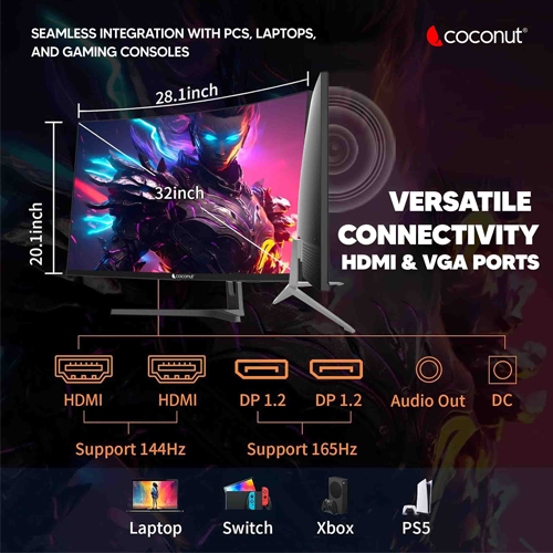 Coconut 32XC 32 Inch 180Hz CCurved QHD Frameless LED Monitor – TechCure India