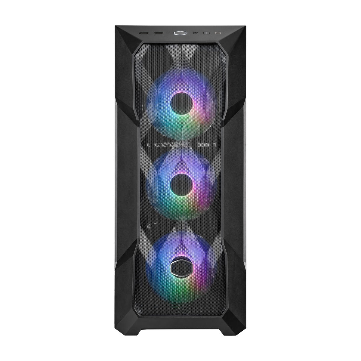 MasterBox TD500 Mesh V2 - three-quarter front-left view of black Cooler Master MasterBox TD500 Mesh V2 with RGB fans