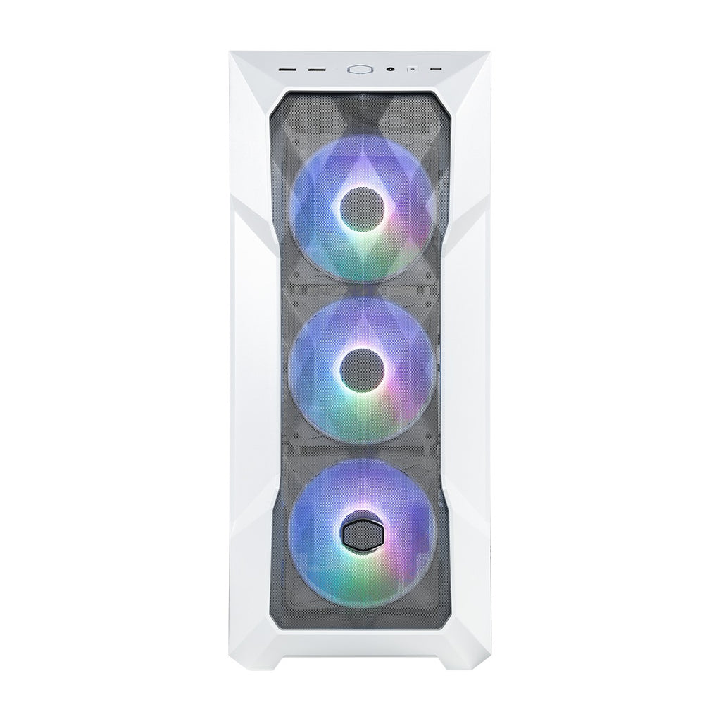 MasterBox TD500 Mesh V2 - three-quarter front-left view of white Cooler Master MasterBox TD500 Mesh V2 with RGB fans