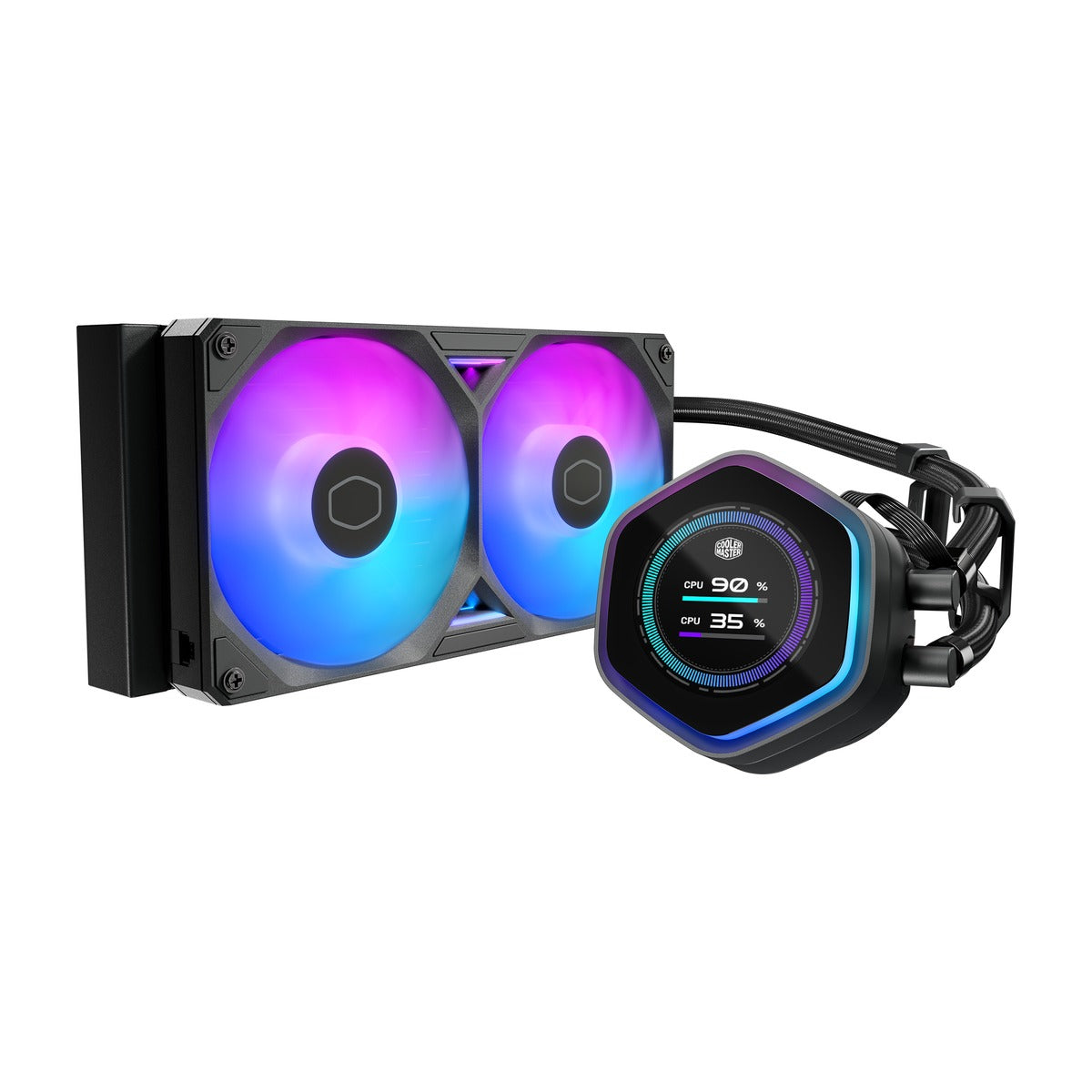MasterLiquid Atmos II 240 LCD White - front/angled view of white 240mm AIO radiator with dual fans and hex pump showing LCD screen (plain background)
