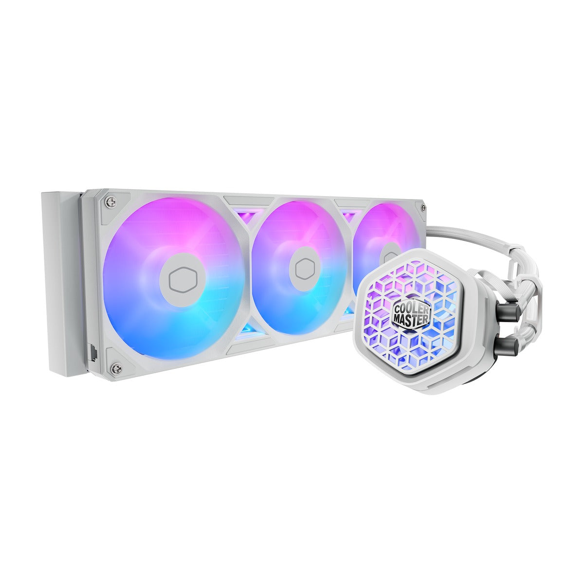MasterLiquid Atmos II VRM Fan (360 White) MLX-D36M-A25SZ-VW - front/angled view of 360mm AIO radiator with three RGB fans and pump (black)