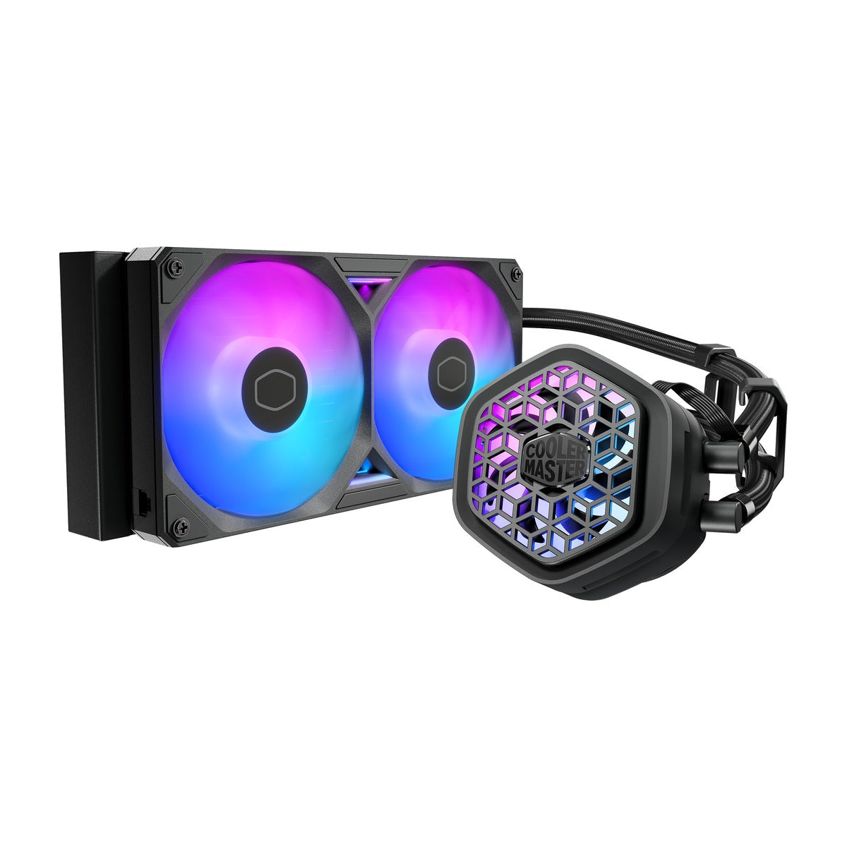 MasterLiquid Atmos II VRM Fan (360 White) MLX-D36M-A25SZ-VW - front/angled view of 360mm AIO radiator with three RGB fans and pump (white)