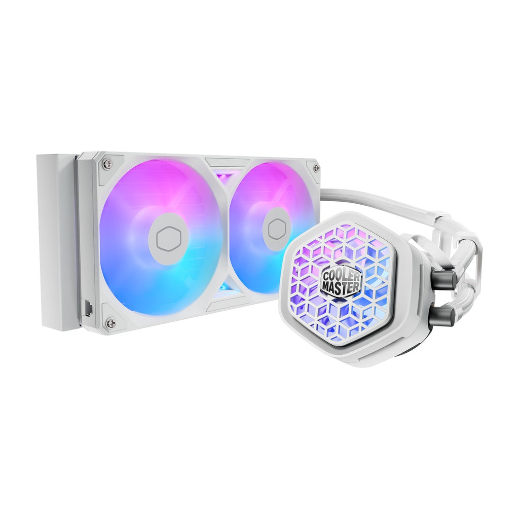 MasterLiquid Atmos II VRM Fan (360 White) MLX-D36M-A25SZ-VW - front/angled view of 240mm AIO radiator with two RGB fans and pump (black)