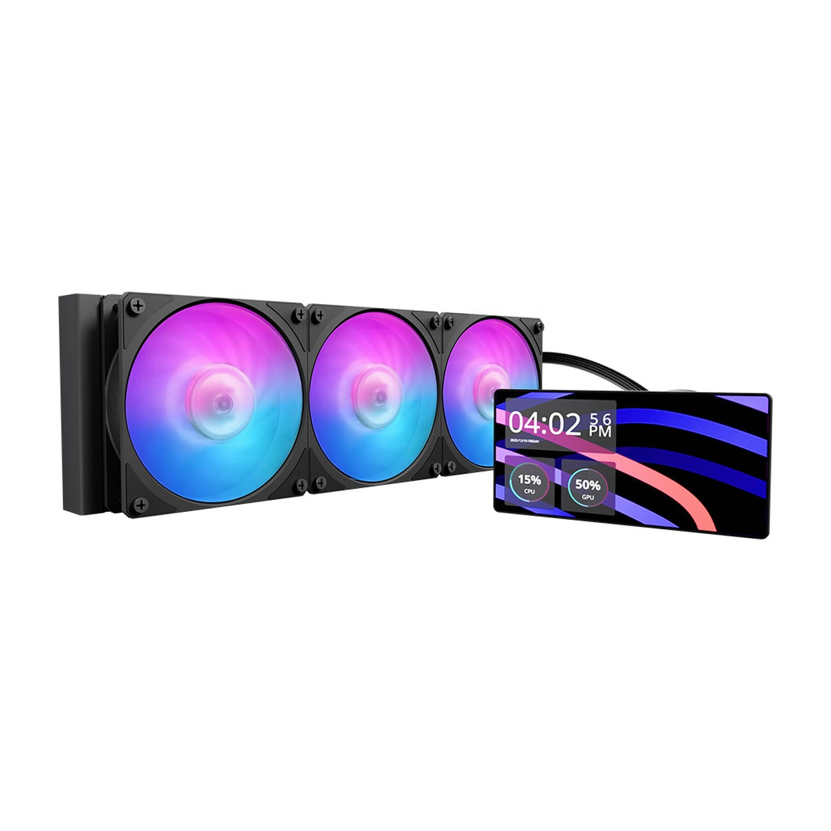 Cooler Master MasterLiquid Core 360 LCD 6 inch Black ARGB Liquid CPU Cooler (MLW-D36M-A24PA-L1) — front angled view of black 360mm AIO liquid CPU cooler with three ARGB fans and 6 inch LCD screen
