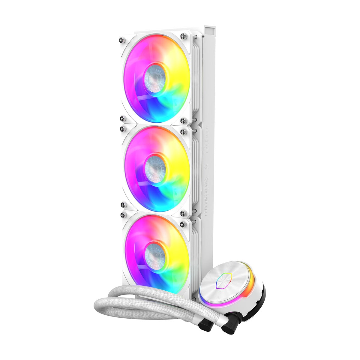 MasterLiquid PL360 Flux 白色版 - angled front view of white 360mm radiator with three RGB fans and pump unit