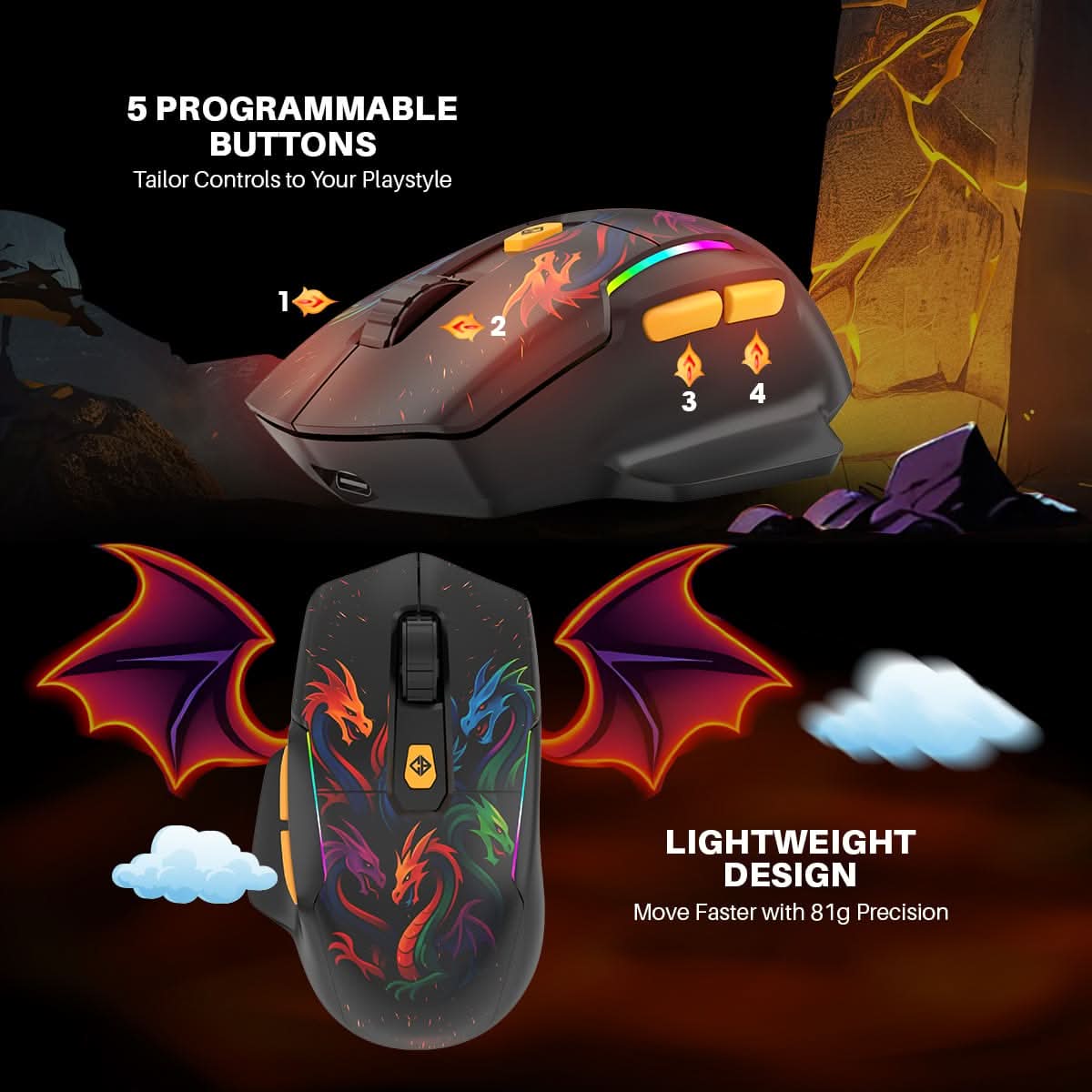 Cosmic Byte Helios Tri-Mode Mouse with Software Support, 1000Hz Polling Rate Dragon Edition Black – photo 2 – TechCure India